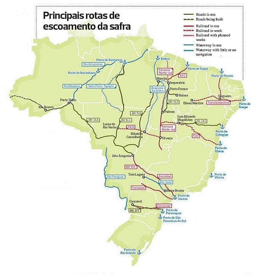 Ag Brazil: map of export routes to ports