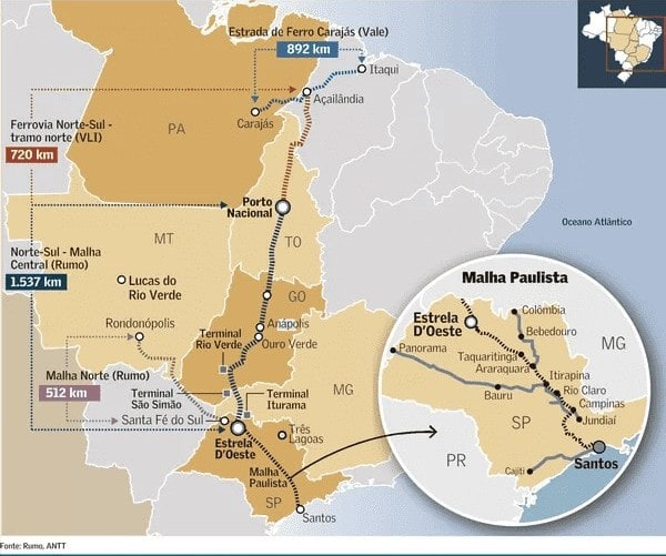 MAP NORTH-SOUTH RAILROAD BRAZIL